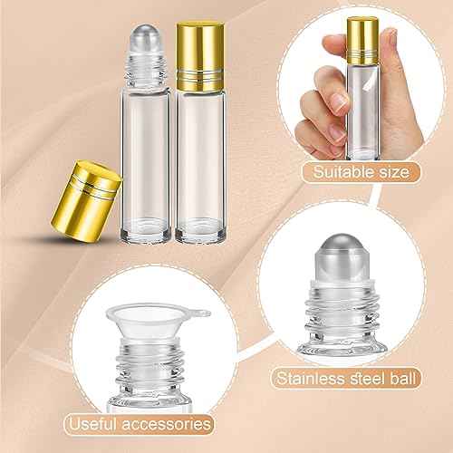 Sumind 150 Pcs Essential Oil Roller Bottles 10 ml Glass Empty Roll on Bottles with Stainless Steel Balls Leak Proof with 5 Funnel for Travel Essential Oil(Gold)