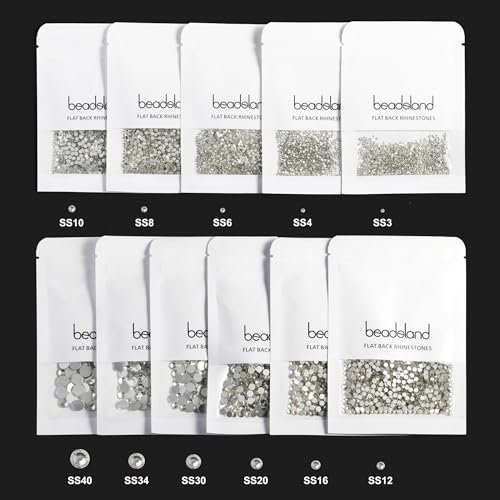 beadsland 144pcs Flat Back Crystal Rhinestones Round Gems for Nail Art and Craft Glue Fix, Crystal AB, 10mm, SS50/144pcs