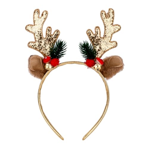 Christmas Reindeer Antlers Headband, Gold Deer Antlers Hair Hoop with Jingle Bells Glitter Antler Ears Headband Xmas Costume for Women Girls