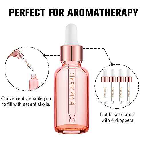 PrettyCare 4 Pack 1oz Dropper Bottles for Essential Oils with Labels, Funnel & Measured Pipettes, 30 ml Leak Proof Rose Glass Essential Oils Bottles- Empty Tincture Bottles for Personal Care & Beauty