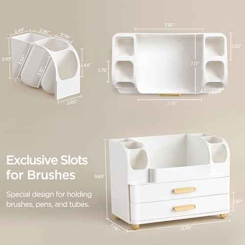 HBlife Makeup Organizer for Vanity with Brush Holder, Large Bathroom Countertop Cosmetic Organizer Skin Care Storage, Easy to Store Lipsticks, Nail Polishes, Perfumes, Eyeshadow Palettes, All White