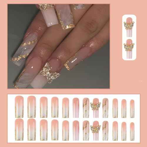 White French Tip Press On Nails Long Square Girls Fake Nails with 3D Butterfly and Gold Glitter Design, Acrylic Artificial False Nails Press Ons Stick On Nails for Women