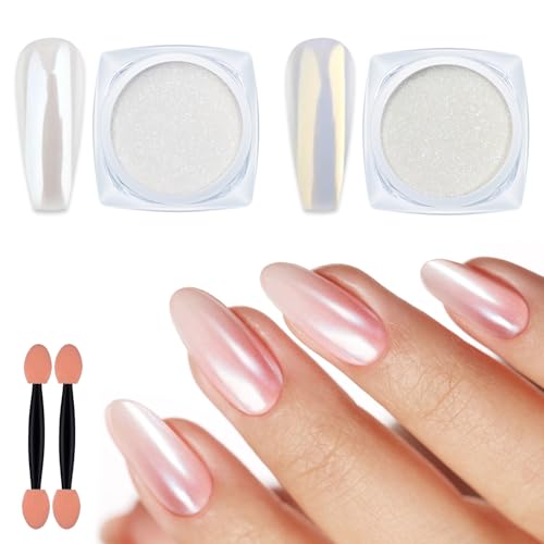 Artdone 2 Jars Chrome Nail Powder White and Gold Pearl,Iridescent Aurora Powder Metallic Mirror Effect Pigment Pearlescent Mermaid Pearl Glitter Dust Kit (White and Gold)