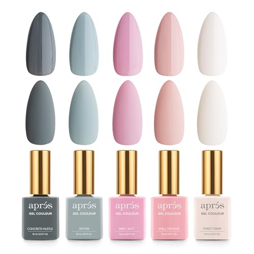 Apres Gel Couleur Combo Set, 5 Color Gel Nail Polish, Bright Nude Pastel Colors with Brush-X Nail Art Brush, 2024 Edition (Set 6)