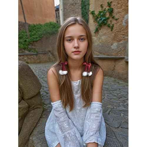 Red Bow Fluffy Fur White Pom Pom Hair Clips & Barrettes 2 Pcs - For Teen Girls Women - Fall Winter Christmas Accessories