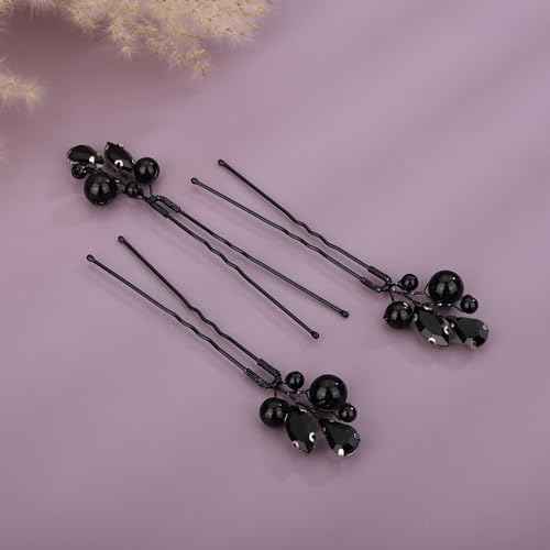 Teyglen Crystal Bride Wedding Hair Pins Black Pearl Hair Pins Clips Wedding Hair Accessories for Bride Rhinestone Pearl Headpiece Crystal Bridal Hair Piece for Women Girls (Black)