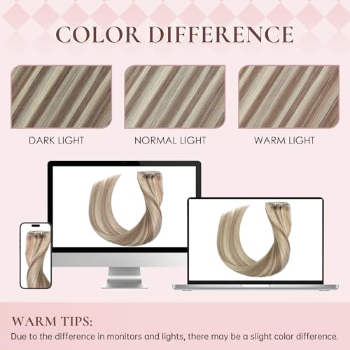 Invisible Clip in Real Human Hair Extensions,18 Inch 85 Gram Ash Brown Highlights Platinum Blonde Remy 7 Pieces With 16 Clips Thick Straight Clip Hair,No Slip No Shedding
