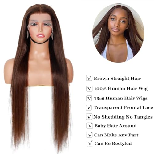 30 Inch Chocolate Brown Lace Front Wig - Human Hair, 13x6 Lace Front, 200% Density HD Lace Frontal, Glueless Lace Closure, Pre Plucked