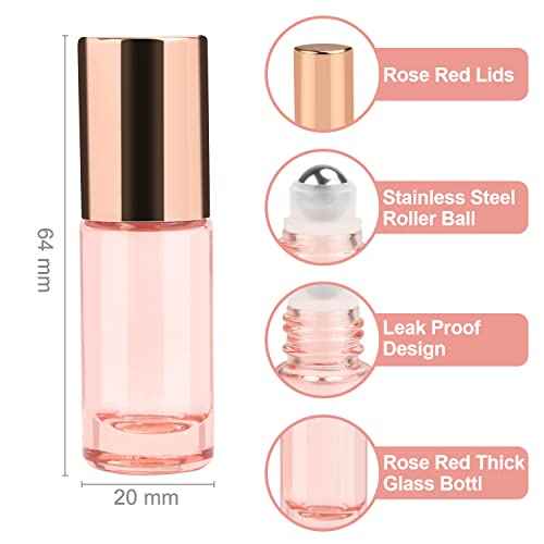 Wresty 1/6 Oz Pink Glass Roller Bottles, 6 Pack 5ml Roll On Bottles With Rose Gold Lids For Essential Oils, Perfume, Cosmetic Liquid
