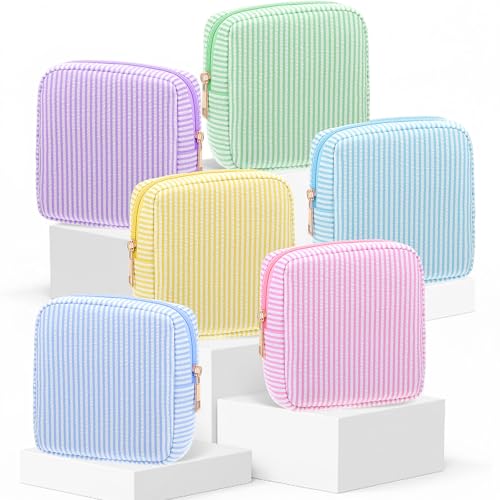 Sanwuta 6 Pcs Seersucker Cosmetic Bag Bulk Pinstripe Makeup Bag for Women Aesthetic Cute Travel Toiletry Organizer Preppy Storage Pouch for Wedding Bridesmaid Christmas Gift(Small,Pastel Color)
