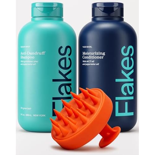 Flakes Anti Dandruff Shampoo and Conditioner Set for Men with Scalp Massager | Dry, Flaky, & Itchy Scalp Shampoo | Sulfate and Paraben Free | Hydrating Shampoo & Moisturizing Conditioner | 9 fl oz