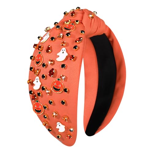 Halloween Headband for Women Spooky Pumpkin Spider Ghost Headband Jeweled Rhinestone Crystal Knotted Headbands Embellished Wide Top Knot Headbands Halloween Hair Accessories Gifts (Ghost&Pumpkin)
