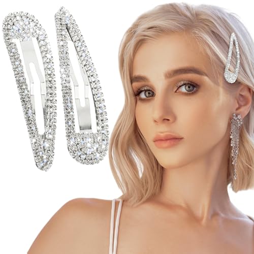 2Pcs Rhinestone Hair Clips Metal Snap Hairpins Bling Crystal Hair Barrettes Glitter French Barrettes Duckbill Hair Pin Hair Decorative Party Valentine's Day Hair Accessories for Women Girls