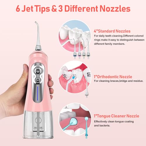 NBGRLVS Water Dental Picks for Teeth Cleaning,6 Modes 6 Tips and Storage Case Water Dental Flossers Cordless 320ML IPX 7 Waterproof Rechargeable Portable Electric Dental flosser for Trave Home (Pink)