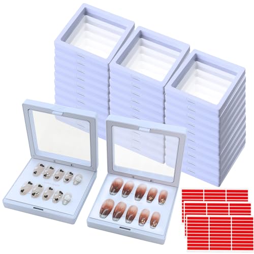 32 Pack Press On Nail Packaging Boxes - 3D Floating Storage and Display Box With 90pcs Double Sided Adhesive Tape for Nail Tech