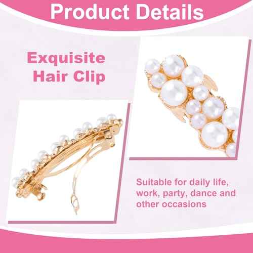 2 Pcs Pearl Hair Clips, Pearl-Embellished Barrette, Elegant Pearls Barrettes for Women, Party, Wedding, Daily Use, Graduation (Gold)
