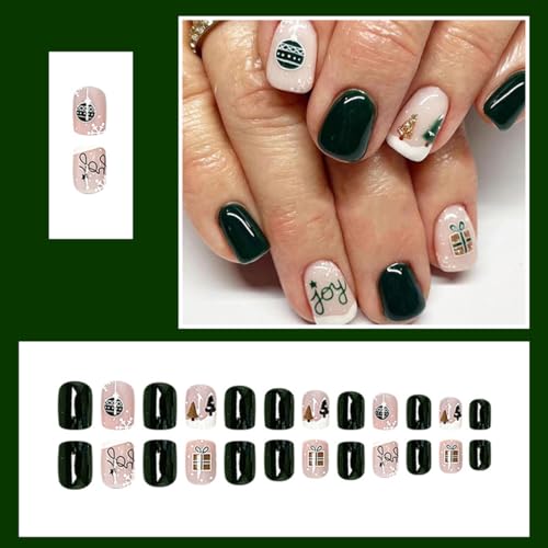 24 Pcs YEFIUO Christmas Green Press on Nails Short Square Xmas Cute Pink Fake Nails Press ons Nail Art Tip Full Cover Acrylic False Nails Glue on Nails Stick on Nail with Christmas Tree Lantern Design