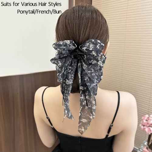 2pcs Bow Hair Claw Clips with Long Tail Tassel Hair Clips for French Hair Styles for Women Girls Ponytail Hair Decorations Accessories (Floral Pattern)