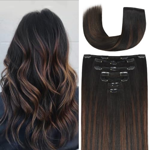 16 Inch Clip-in Hair Extensions Remy Human Hair for Women - Soft Handmade Real Human Hair Clip in Extensions, Straight, Thick, 125g 7pcs #(1BT4) P1B Color