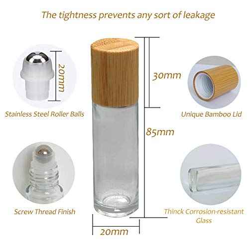 12Pcs 10ml Glass Roll On Bottle with Bamboo Lid for Essential Oils, Creatiee Eco-friendly Refillable Clear Perfume Sample Bottles with Stainless Steel Roller Ball - Portable & Practical¡¦