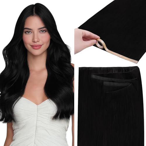 GOO GOO Tape In Weft Hair Extensions Human Hair, Genius PU Long Weft Tape In Hair Extensions Real Human Hair, Silky Easy to Use, 1 Jet black 22 inch 60g