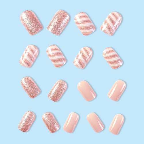 24Pcs Pink Press on Nails Short Square - QUNQINLI Christmas Glitter Fake Nails with Xmas Glitter Stripe Designs Glue on Nails Christmas Nails Full Cover Glossy Artificial False Nails for Women