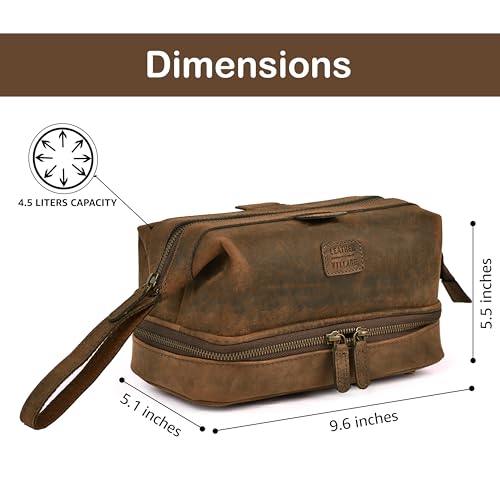 LEATHER VILLAGE Genuine Leather Dopp Kit ? Large Travel Toiletry Bag with Waterproof Lining, Dual-Zip Design for Men & Women, Organizer for Shaving, Makeup & Essentials - Brown