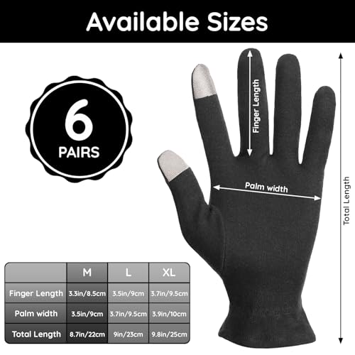Segbeauty 12 Counts Touchscreen Black Cotton Gloves Black with Elastic Band, 6 Pair Touch Screen Hand Moisturizing Cotton Gloves for Dry Hands Sleeping Overnignt, Reusable Hand Care Spa Moisture Glove