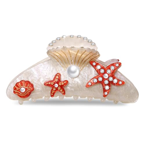 BVGA Sea Animal Hair Claw Clips Marine Life Starfish Seashell Pearl Crystal Claw Clips Cute Large Claw Hair Clips Beach Stylish Hair Accessories Gifts for Women Girls (Shell Starfish White)