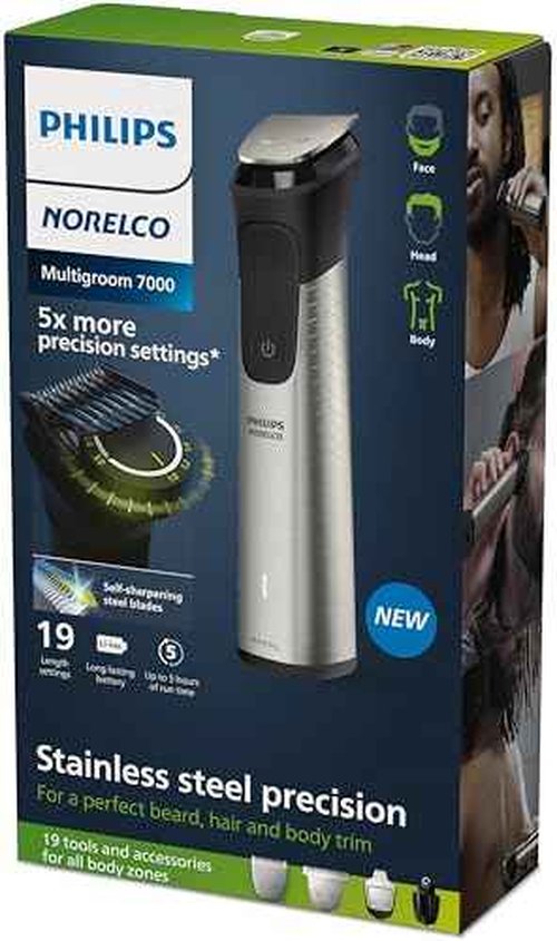 Norelco Philips Multigroom 7000 Series, All-in-One Trimmer, Beard Trimmer and Hair Clipper, 19-Piece Men's Grooming Kit for Beard, Head, Hair, Body, and Face, Soft Pouch, MG7910/49