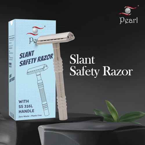 PEARL Premium Shaving Double Edge Safety Razor for Men- Semi Slant Stainless Steel | Triple Plating, Gift Kit | Efficient & Gentle Shave for Thick, Wiry Hair Sensitive Skin | L-65 Semi Slant DE Razor