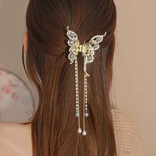 2PCS Butterfly Hair Clips for Women Metal Nonslip Small Claw Clip Peal Tassel Sparkling Hairpins Fashion Styling Hair Accessories Gift