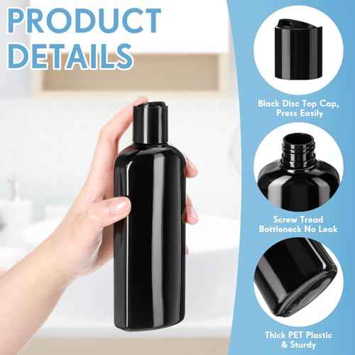 Domensi 24 Pcs Plastic Bottle Squeeze Containers with Disc Cap Travel Bottles Reusable Empty Toiletries Shampoo Containers Refillable Travel bottles for Shampoo Lotions(6.8oz,Pure Black)