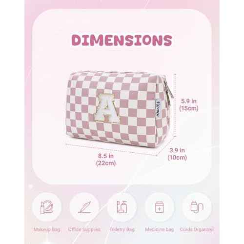 Narwey Christmas Gifts Personalized Initial Makeup Bag, Teen Girls Kids Trendy Stuff 10 11 12 13 14 16 18 Years Old, Gift for Women Bridesmaid Graduation, Travel Toiletry Preppy Cosmetic Bag (Pink A)