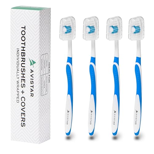 4 Pack Toothbrushes for Adults - Individually Wrapped Medium Bristle Toothbrushes with Covers - Blue - Convenient & Affordable Dental Care for Travel, Hotels, Airbnb, Missions & More