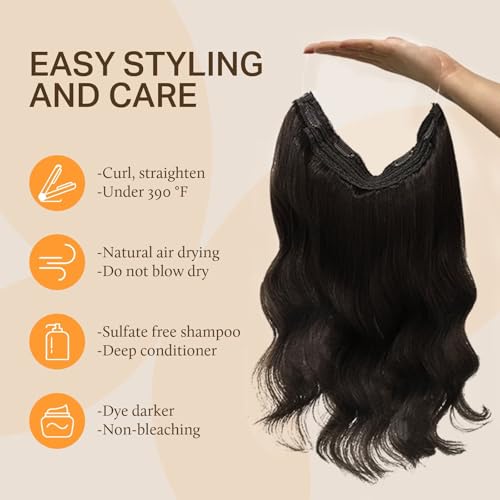 DOORES Wire Hair Extensions 18 Inch 95g Remy Human Wire Hair Extensions Invisible Transparent Line Adjustable Hairpieces Secret Extensions Straight Hair Dark Brown