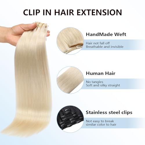 COOKAYU Real Human Hair Clip in Hair Extensions, Remy Hair Clip in Hair Extensions, Platinum Blonde Hair Thick Silky Straight Real Human Hair, 16inch 120g 7Pcs