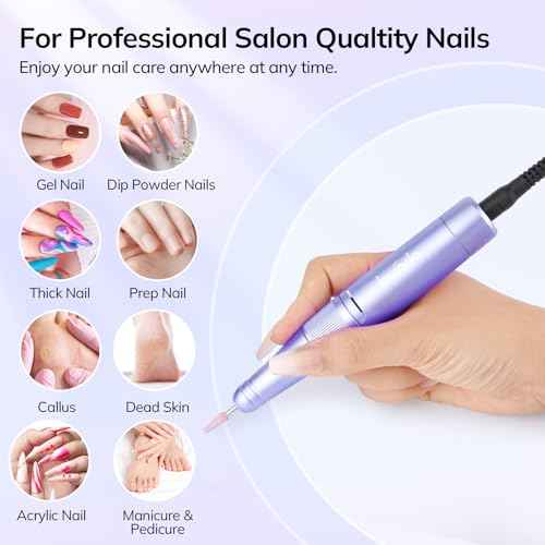 Lavinda Professional Nail Drill 35000 RPM, Cordless Electric Nail File Efile for Acrylic and Gel Nails, Manicure Pedicure Polishing Tool for Salon and Home Use (Purple)