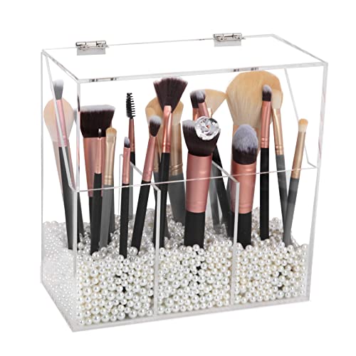 Acrylic Makeup Brush Holder, Clear Cosmetic Storage Box with 3 Brush Holders, Dust Cover, Large-Capacity Split Design for Organizing Vanity Desk