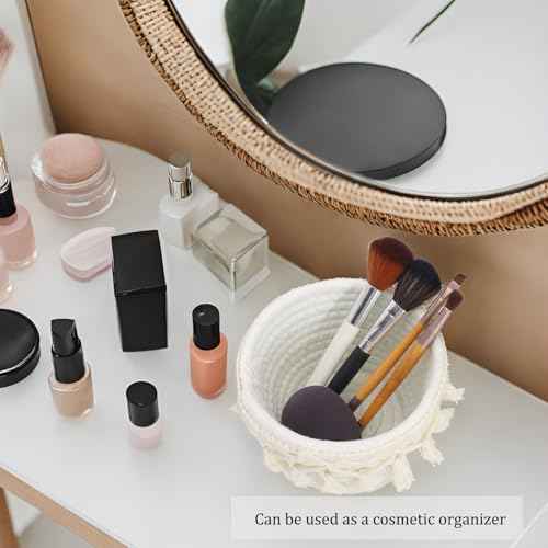 2Pcs Crochet Glasses Holder for Nightstand Macrame Knit Eye Glass Organizer Mini Storage Basket Stand with Tassels for Eyeglass Makeup Brush Desk Table Office