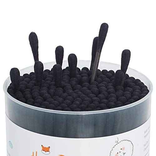 Black Cotton Swabs Spiral - 600 Count Organic Cotton Buds Double Side Tightly Wrapped Charcoal Cotton Tips Paper Stick Soft Gentle Lint-Free Cruelty-Free Goth Bathroom, Round & Spiral (Black)