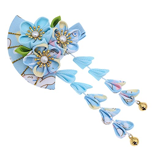 Japanese Style Women Flower Hair Clip Tassel Hair Ornament, Kimono Decor Fabric Hanfu Hairpin Accessories For Christmas Party Costume Gift (Light blue)