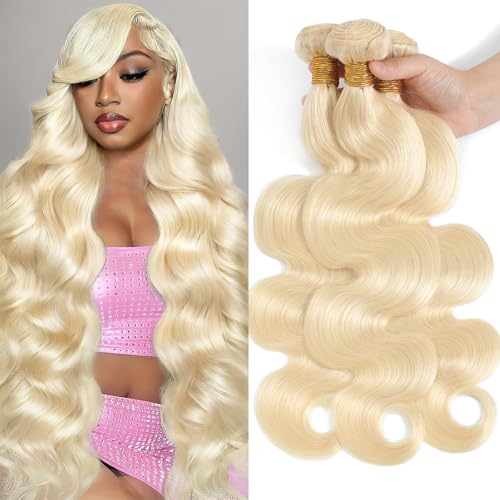 613 Bundles Human Hair 14 14 14 Inch Blonde Body Wave, 100% Real Human Hair Sew in Quick Weave Bundles Human Hair Extensions Double Weft, No Synthetic Blend, Dyeable