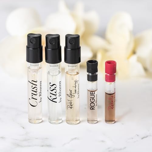 5 Rihanna perfume samples for women: Crush, Reb'l Fleur, Kiss, Rogue, and Rebelle. Fragrance sample vial bottles perfume Set. Great for small gift or to try before purchasing bigger bottles.