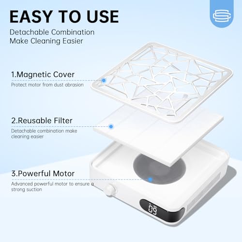 Nail Dust Collector, Cordless Dust Collector Nail Tech, Powerful Vacuum Fan Vent Dust Collector Extractor Dust Suction Machine for Acrylic Nails Polishing, Nail Salon&Home, White