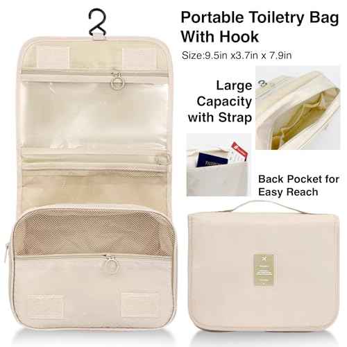 Travel Kit 39 Essentials for Travel Emergency, Large Capacity Toiletry Bag, All Purpose Grooming Set, Airplane Pillow Kit, TSA Approved (Pearl Bisque Beige)