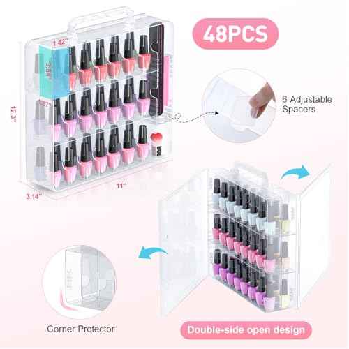 Beloving Nail Polish Organizer, 48 Bottles Transparent Nail Polish Holder with Adjustable Divider, Gel Nail Polish Storage Double Side Nail Polish Organizer Case for Storage Display