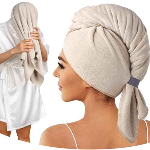 Umisleep 100% Microfiber Hair Towel, 41" x 22" Super Absorbent Hair Care Towel, Ultra Soft Hair Towel Wrap with Elastic Loop, Large Curly Hair Towel for Women Long, Thick Hair, Camel