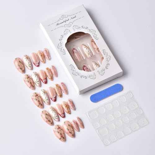 24Pcs Christmas Press on Nails French Tip Medium Almond Fake Nails Cat Eye Xmas False Nails with Snowflake Pearl Design Winter Acrylic Nails Full Cover Reusable Christmas Glue on Nail for DIY Nail Art