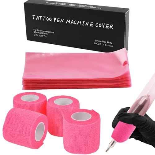 Large Machine Pen Covers with Grip Tape - Yuelong 200Pcs Pink Tattoo Pen Bags and 4Pcs Grip Wrap Kit Combination Machine Sleeves Bags Self-Adhesive Grip Covers Tattoo Supplies for Artist